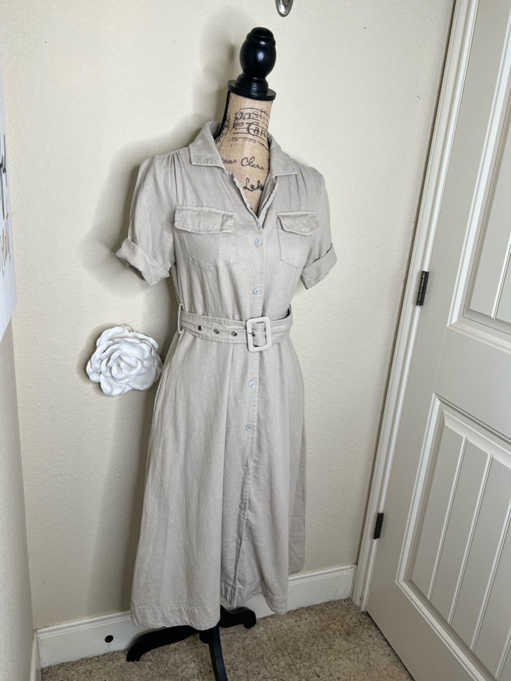 NTM Tahari Linen Blend Shirt Dress Belted Button Front Taupe XS Midi Pockets - Picture 6 of 16